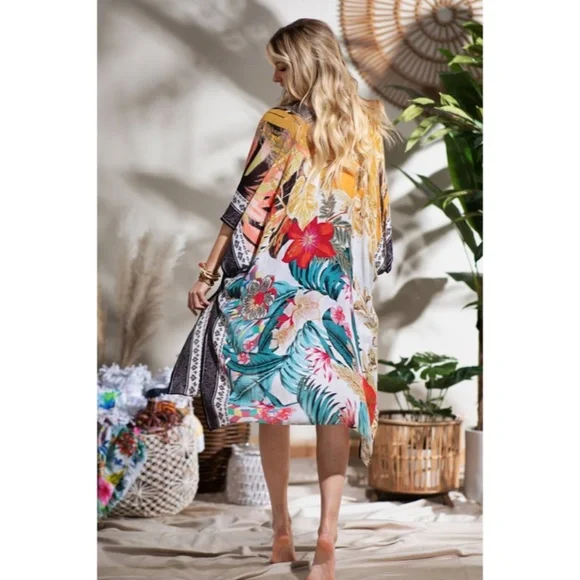 SOLD OUT Tahiti Tropical Floral Vacation Open Kimono Wrap Coverup Top - Picture 2 of 5